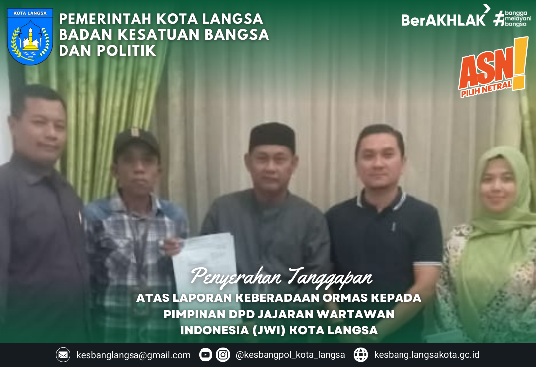Kepala Badan Kesatuan Bangsa dan Politik Kota Langsa Menyerahkan Tanggapan atas Laporan Keberadaan Organisasi Kemasyarakatan (Ormas) Kepada Pimpinan DPD Jajaran Wartawan Indonesia (JWI) Kota Langsa
